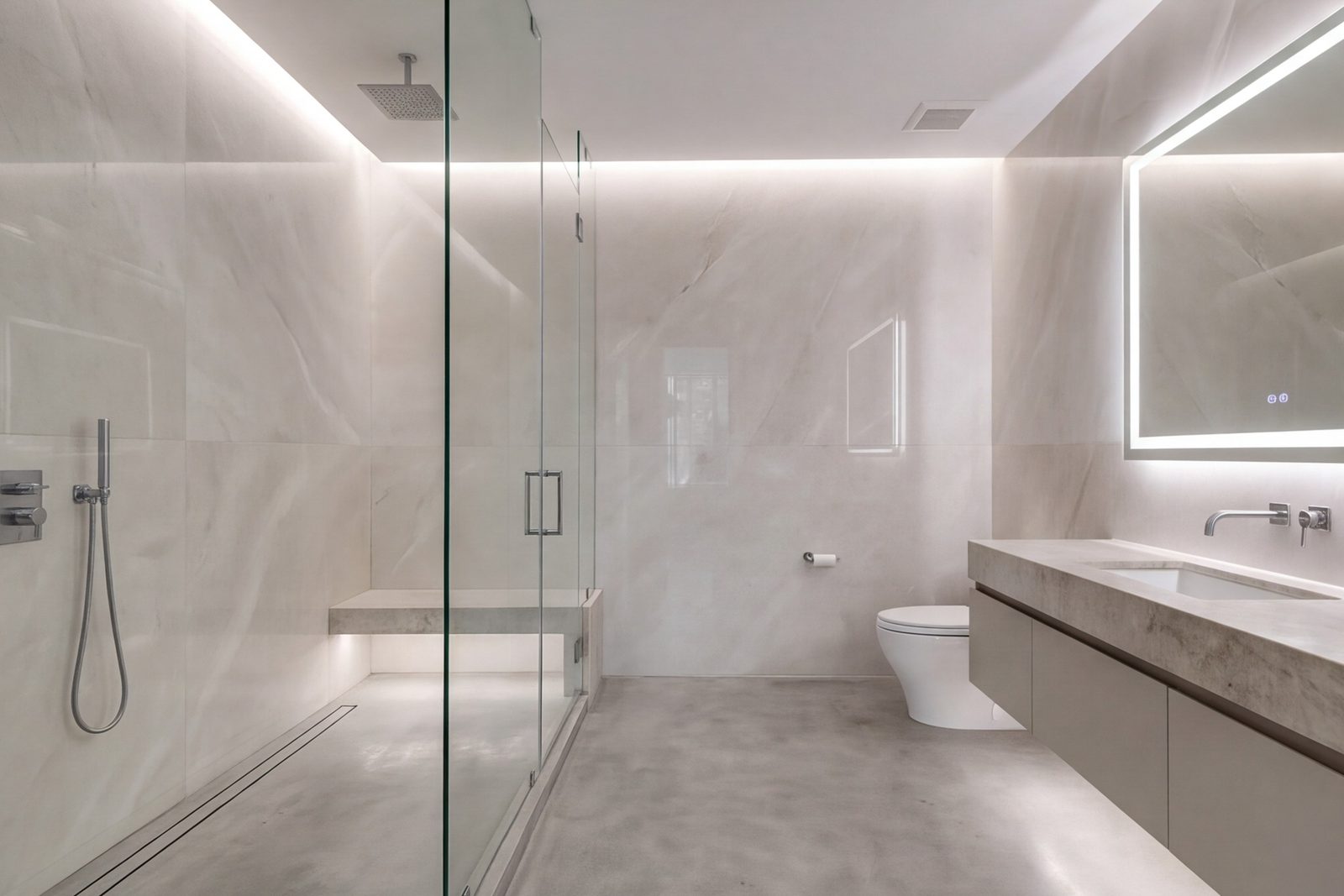 Uptown condo bathroom with slab stone walls, frameless glass shower and recessed lighting