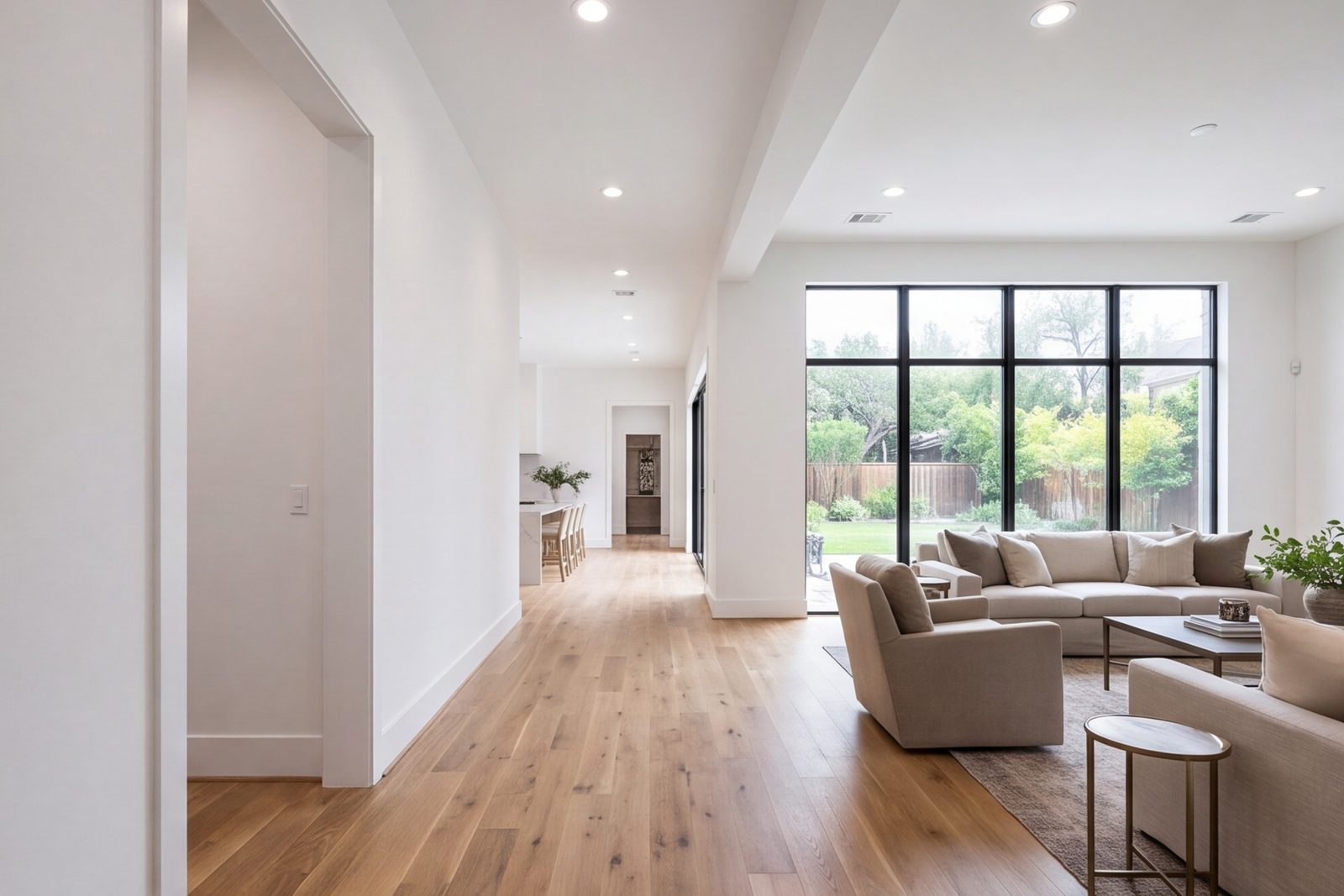 Highland Park hallway and living area after a whole-home remodel, oak floors running through