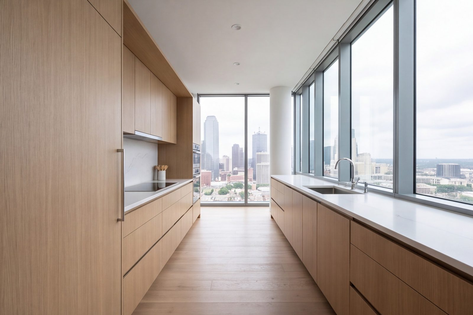 Downtown Dallas high-rise kitchen with concealed storage and floor-to-ceiling skyline windows