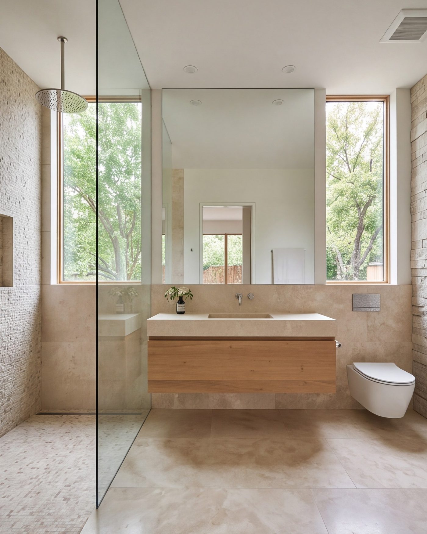 Primary bathroom with a curbless glass shower, wall-hung oak vanity and large-format stone tile, wide view